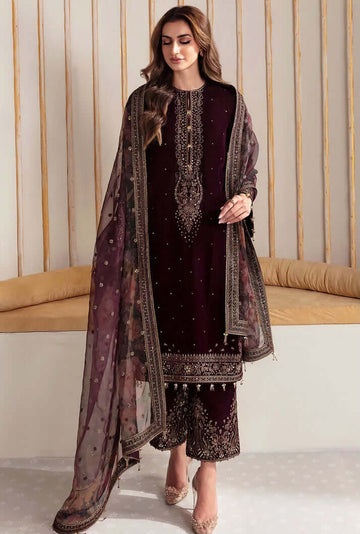 zab961 Winter Unstitched 3PCs Velvet Embroidered Dress With Embroidered Organza Dupatta